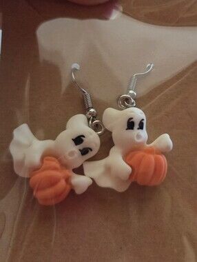 Cute Ghost Pumpkin Drop Earrings - White & Orange